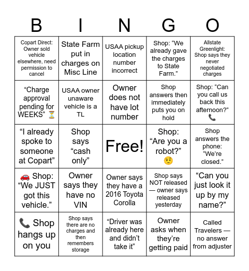 Copart Bingo Card