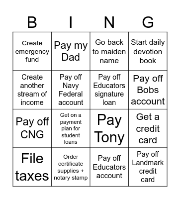 Goals to becoming DEBT FREE!!! Bingo Card