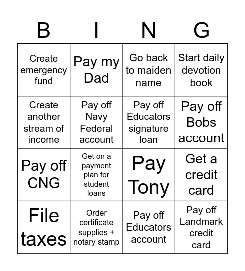 Goals to becoming DEBT FREE!!! Bingo Card