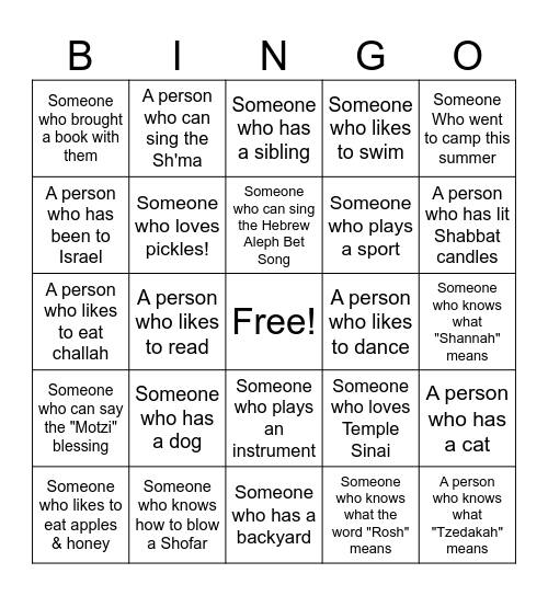 Rosh Hashanah Bingo Card