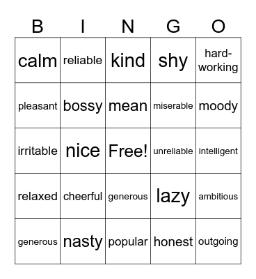 Vocabulary Bingo Card