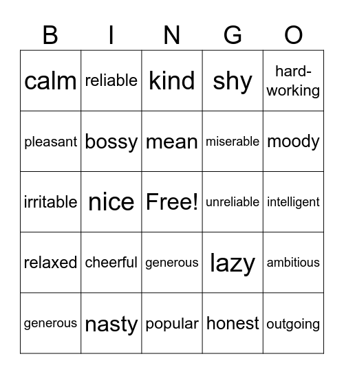 Vocabulary Bingo Card