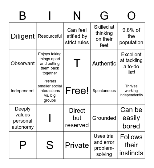 MBTI Bingo (ISTP) *EXAMPLE Bingo Card