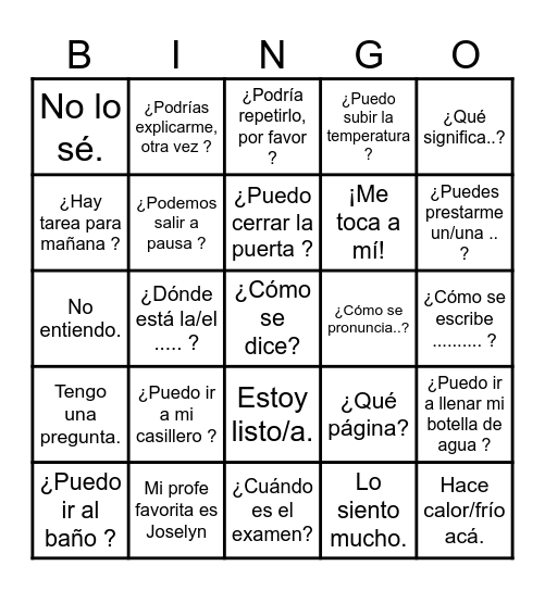 Frases útiles en la clase de español Bingo Card