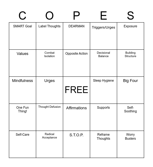 Lapse Prevention Bingo Card