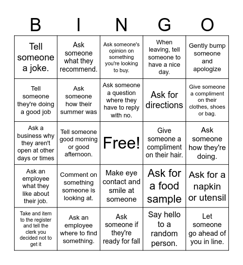 Personal challenge Bingo Card