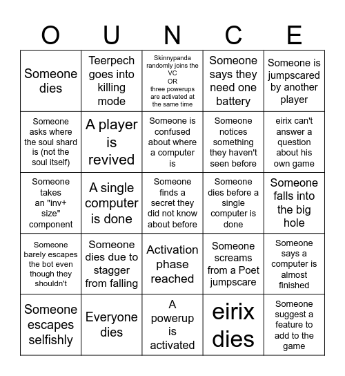 Hex Bots indie horror game (Skaar Game Productions) Bingo Card