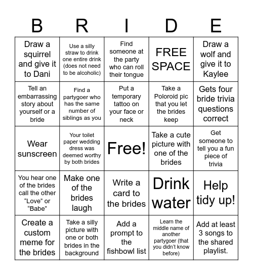 BRIDE BINGO Card