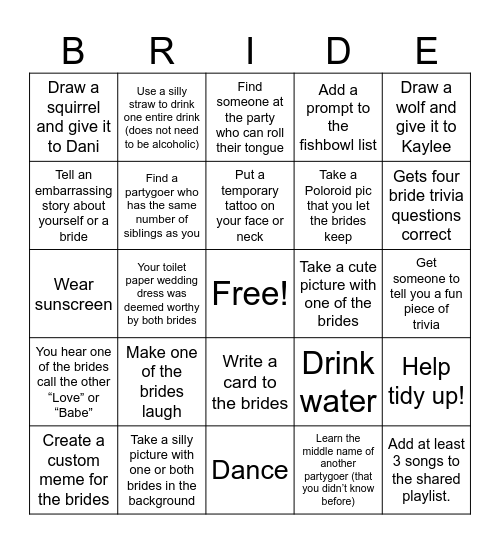 Bachelorette BRIDE BINGO! Bingo Card