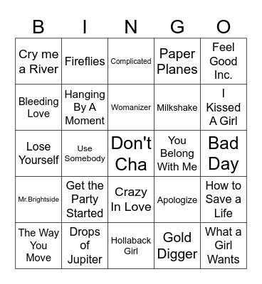 2000s Pop Hits Bingo Card