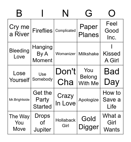 2000s Pop Hits Bingo Card