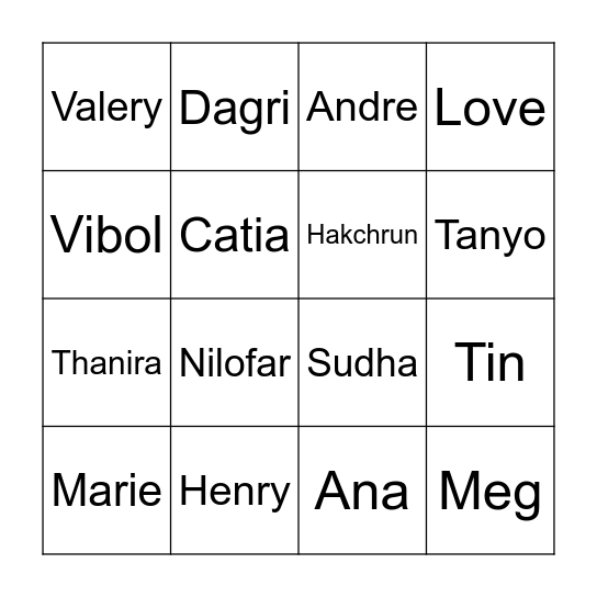 Class Name Bingo Card