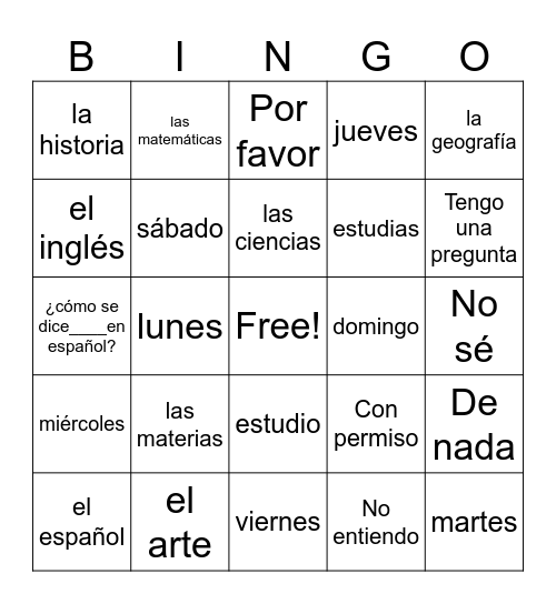 Las materias y los dias de la semana Bingo Card