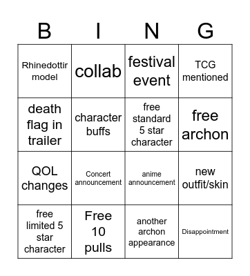 genshin 7.1 livestream bingo Card