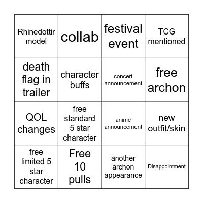 genshin 7.1 livestream bingo Card