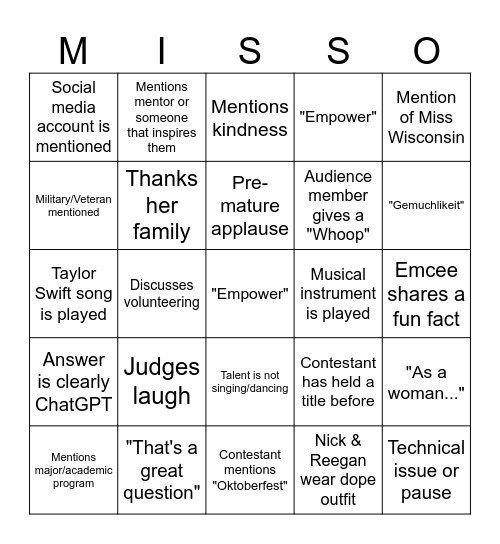 Miss Bingo Card