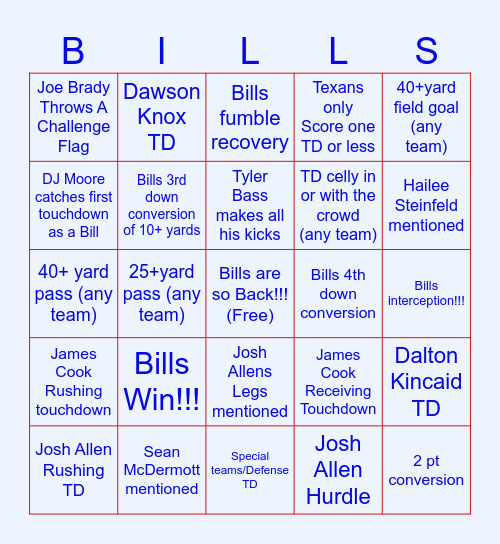 Bills vs Texans Bingo! Bingo Card
