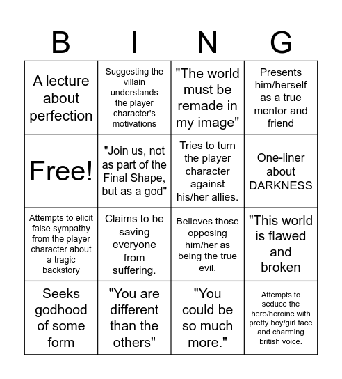 The Villain Monologue Bingo Card