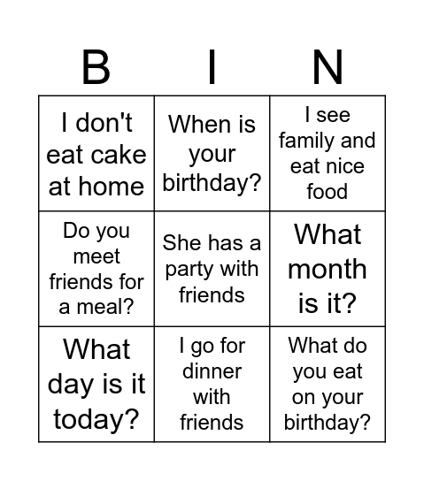 Speakout. Unit 5D. Birthday! Bingo Card