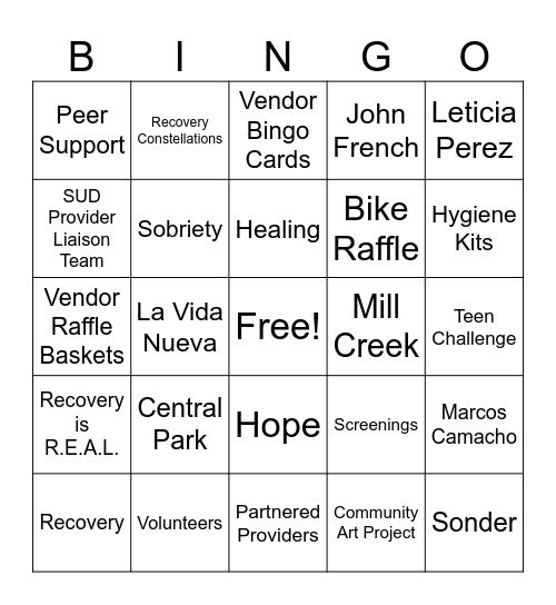 Recovery Bingo Card