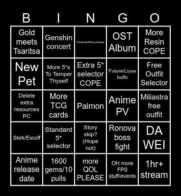 Genshin 7.1 Livestream Bingo Card Bingo Card