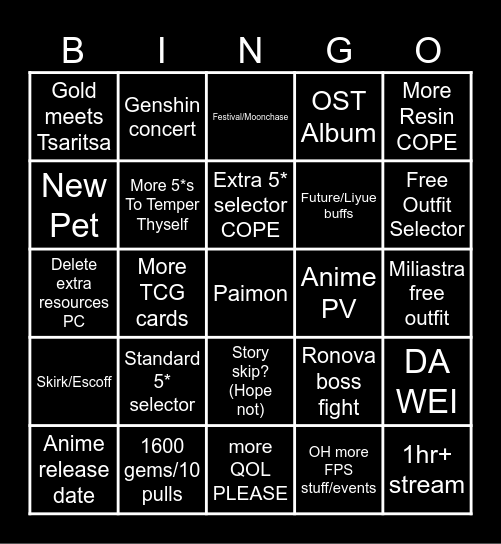 Genshin 7.1 Livestream Bingo Card Bingo Card