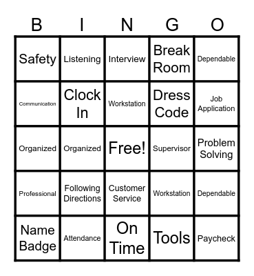 Vocational Skills Bingo Card