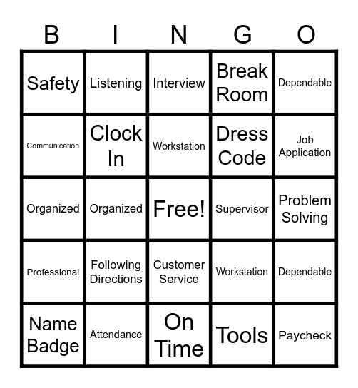 Vocational Skills Bingo Card