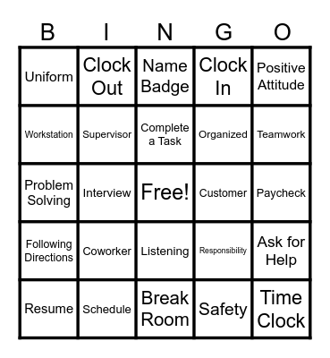 Vocational Skills Bingo Card