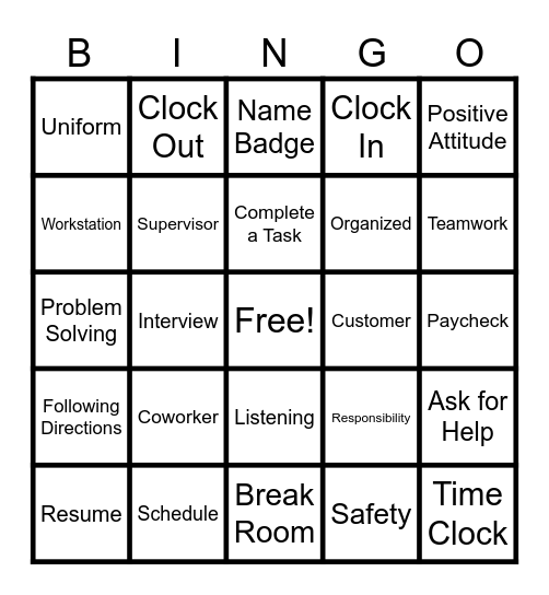 Vocational Skills Bingo Card