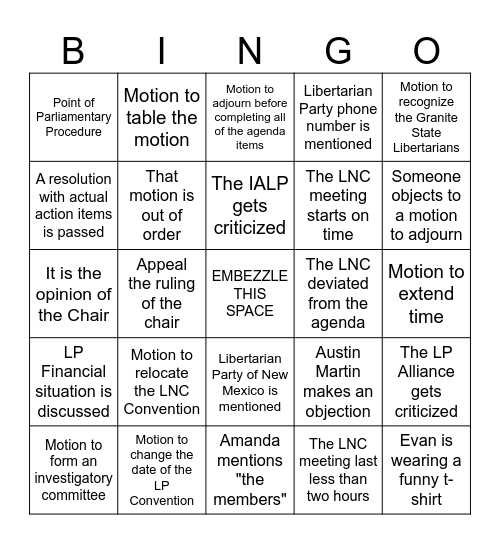LNC Meeting Bingo Card