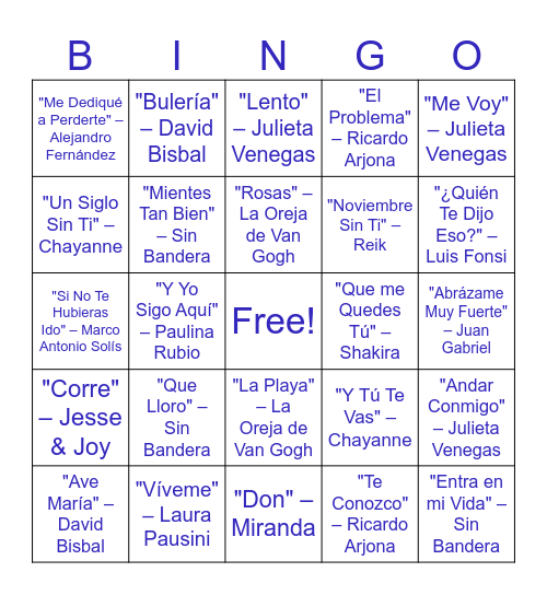 Bingo de canciones Bingo Card
