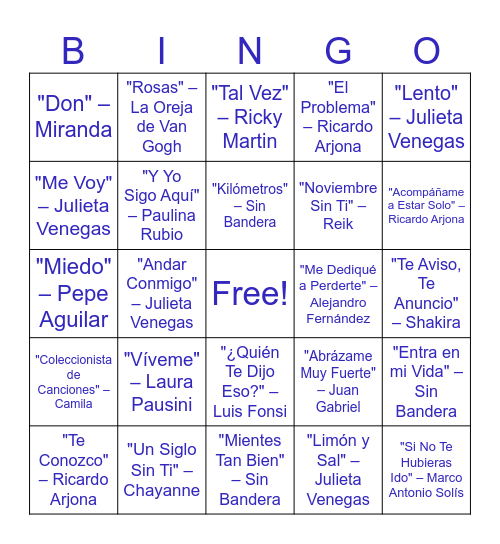 Bingo de canciones Bingo Card