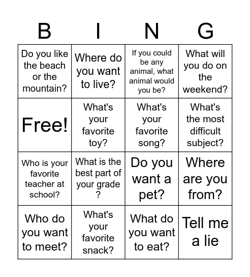 questions Bingo Card