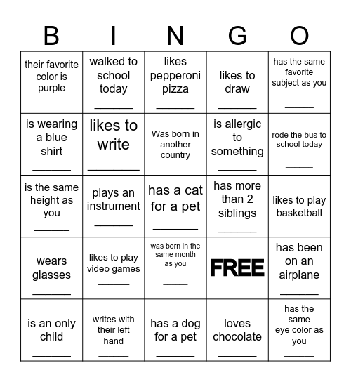 Find a Classmate Who... Bingo Card