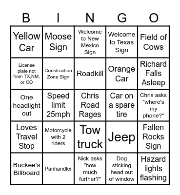 Road Trip Bingo Card