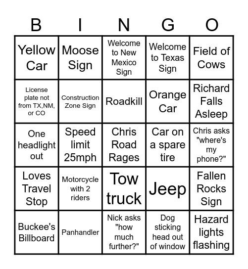 Road Trip Bingo Card
