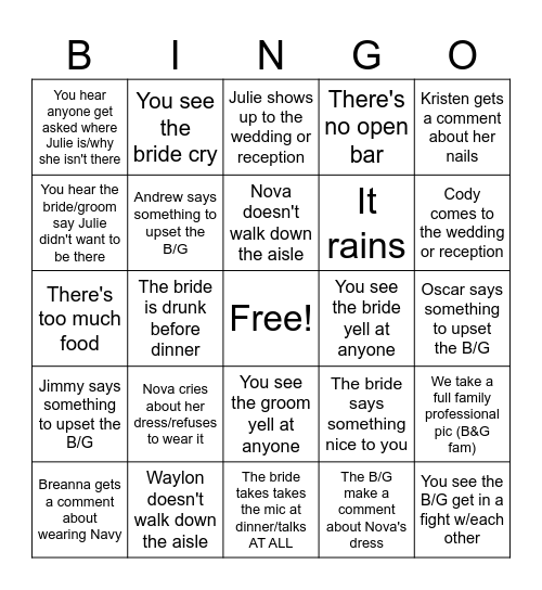Wedding Bingo Card