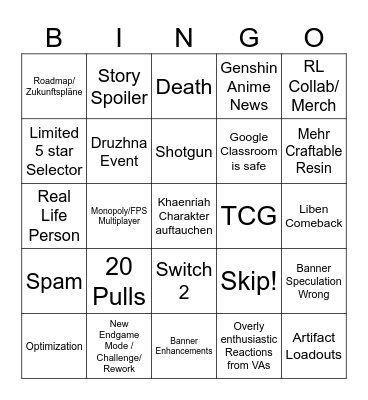 Genshin Stream Bingo Card