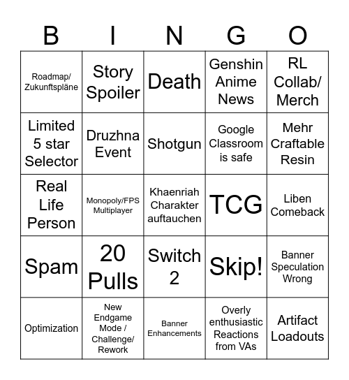 Genshin Stream Bingo Card