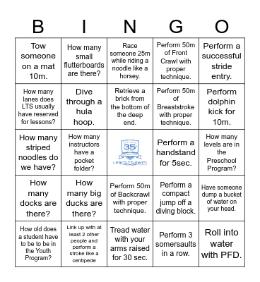 Learn to Swim Instructor Bingo Card