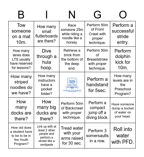 Learn to Swim Instructor Bingo Card