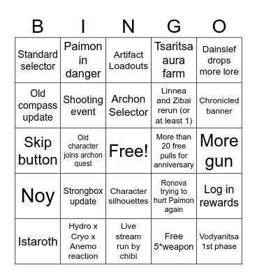 Genshin Impact 7.1 Bingo Card