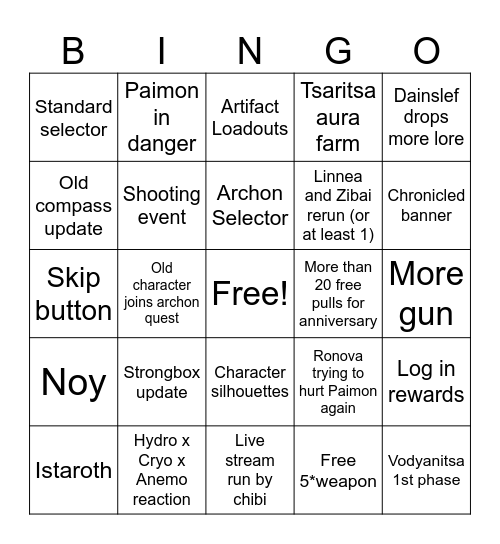 Genshin Impact 7.1 Bingo Card