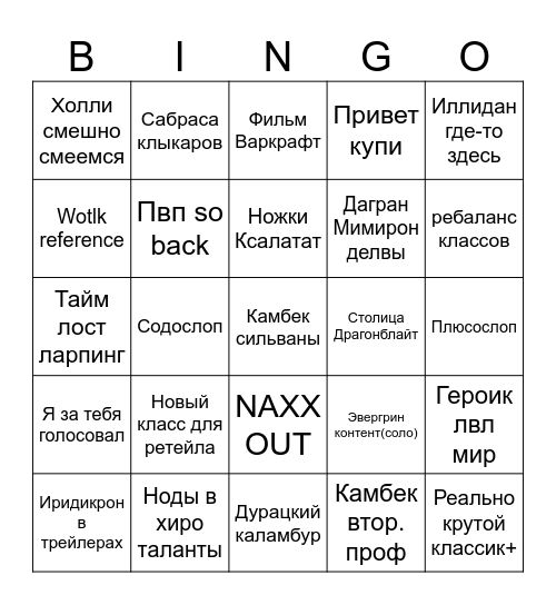 Варкрафтослоп 2026 Bingo Card