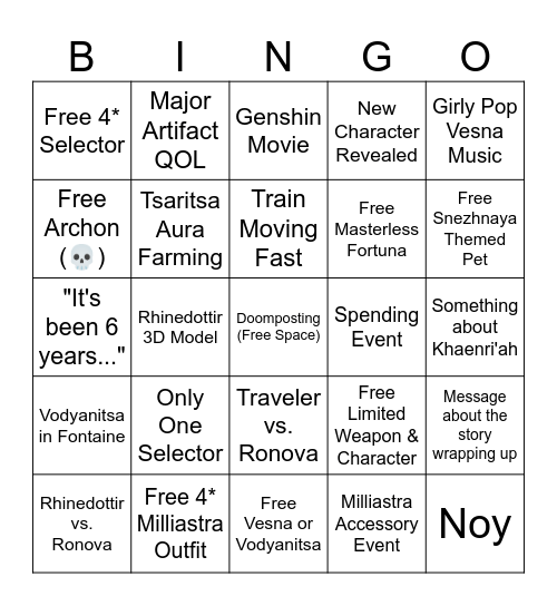 Genshin 7.1 Livestream BINGO Card