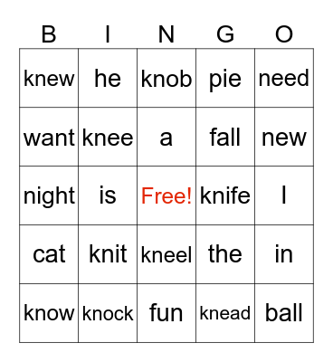 Silent K words Bingo Card