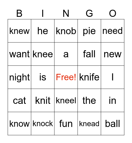 Silent K words Bingo Card