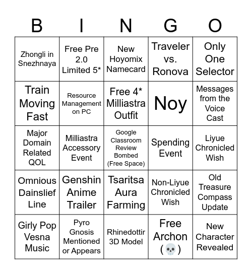 Genshin 7.1 Livestream BINGO Card
