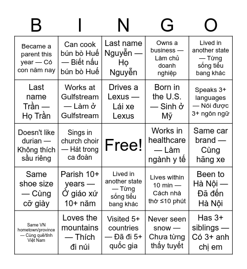GET TO KNOW YOU BINGO / BINGO LÀM QUEN Bingo Card
